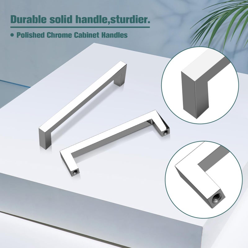 GOBEKOR 5 Pack Polished Chrome Cabinet Pulls Solid Drawer Pulls 5in(128mm) Hole Centers, Square Bar Kitchen Cupboard Handles Cabinet Hardware - Image 2